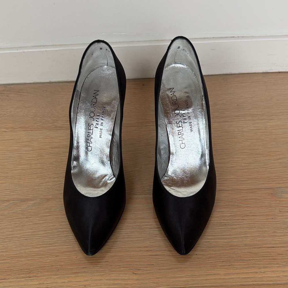 Charles Jourdan  art deco satin Black Heels